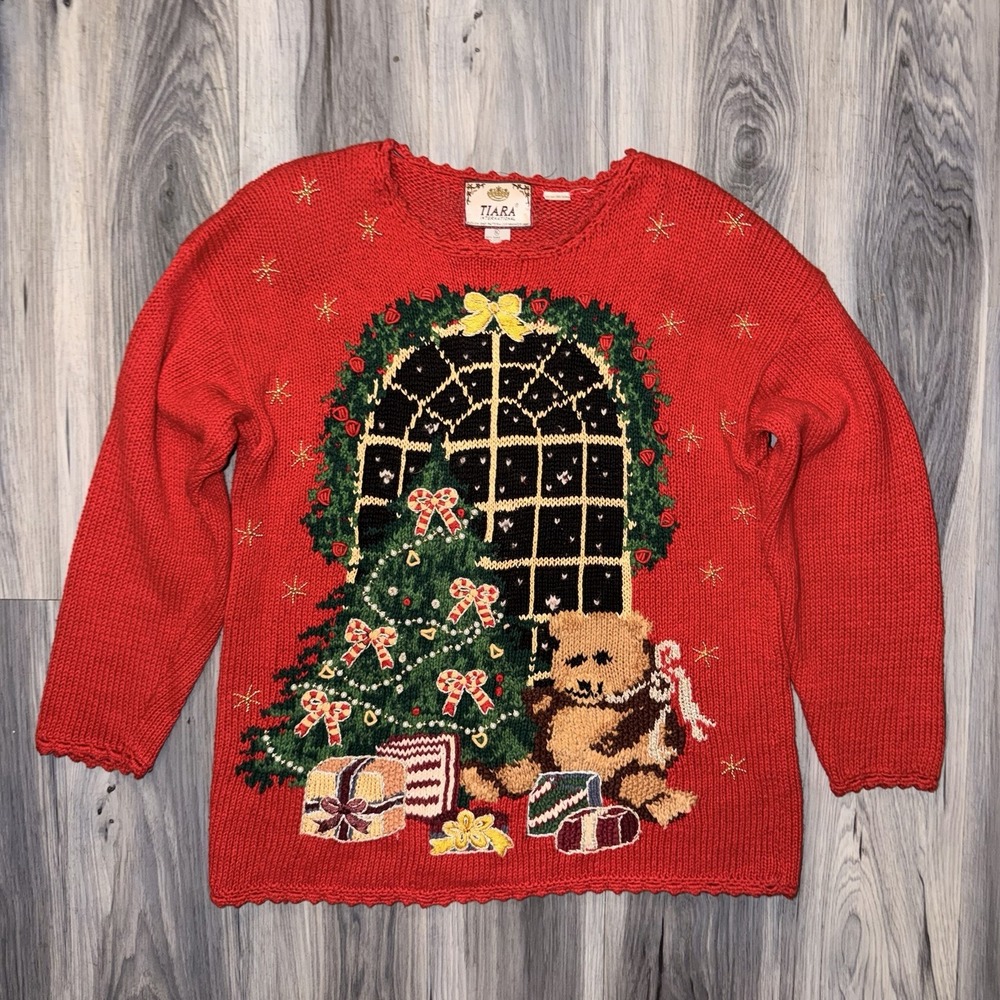 Vintage Tiara International Christmas Sweater Holiday Tree Teddy Bear Red XL